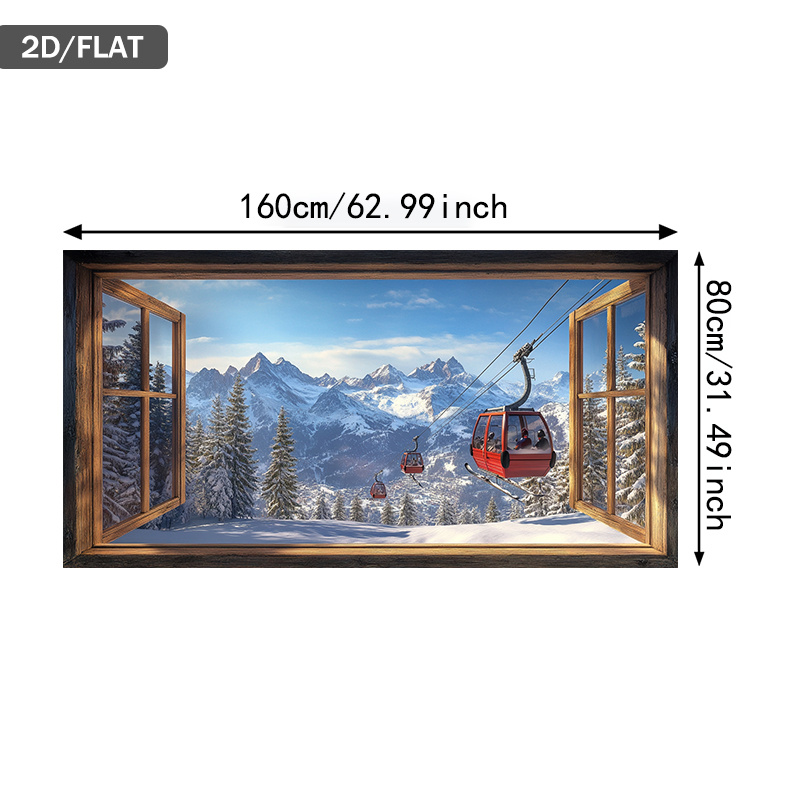 TEMU sur toile moderne 2D plat, représentant une vue de scène de ski observée depuis une fenêtre, mesurant 31,49 pouces par 62,99 pouces ou 80