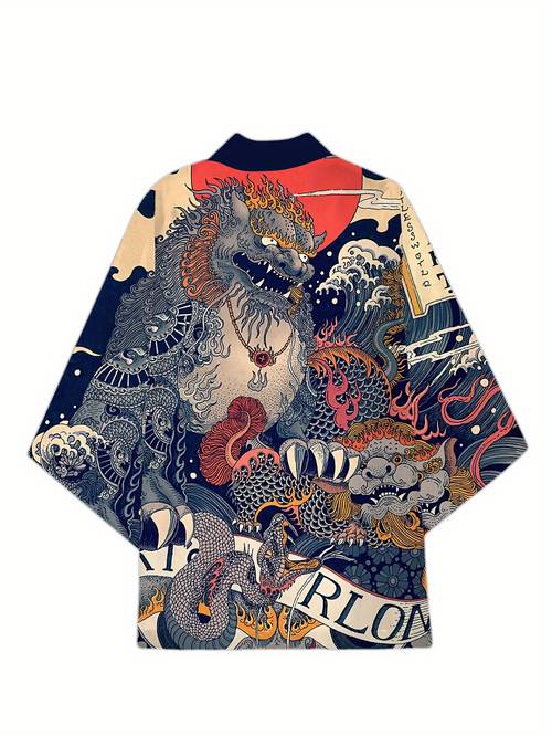1pc lion kimono robe summer casual loose fit polyester kimono with applique design lightweight breathable hand wash or only chinese size please check the size guide