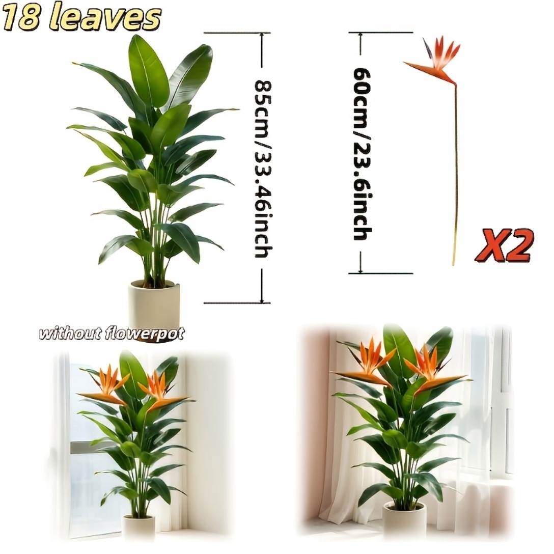 TEMU 3pcs-33 Inch Oversized Artificial Rich With 2 Of Paradise Flowers, Enlarged Leaves, Universal Indoors And Outdoors, Dense And Realistic Green