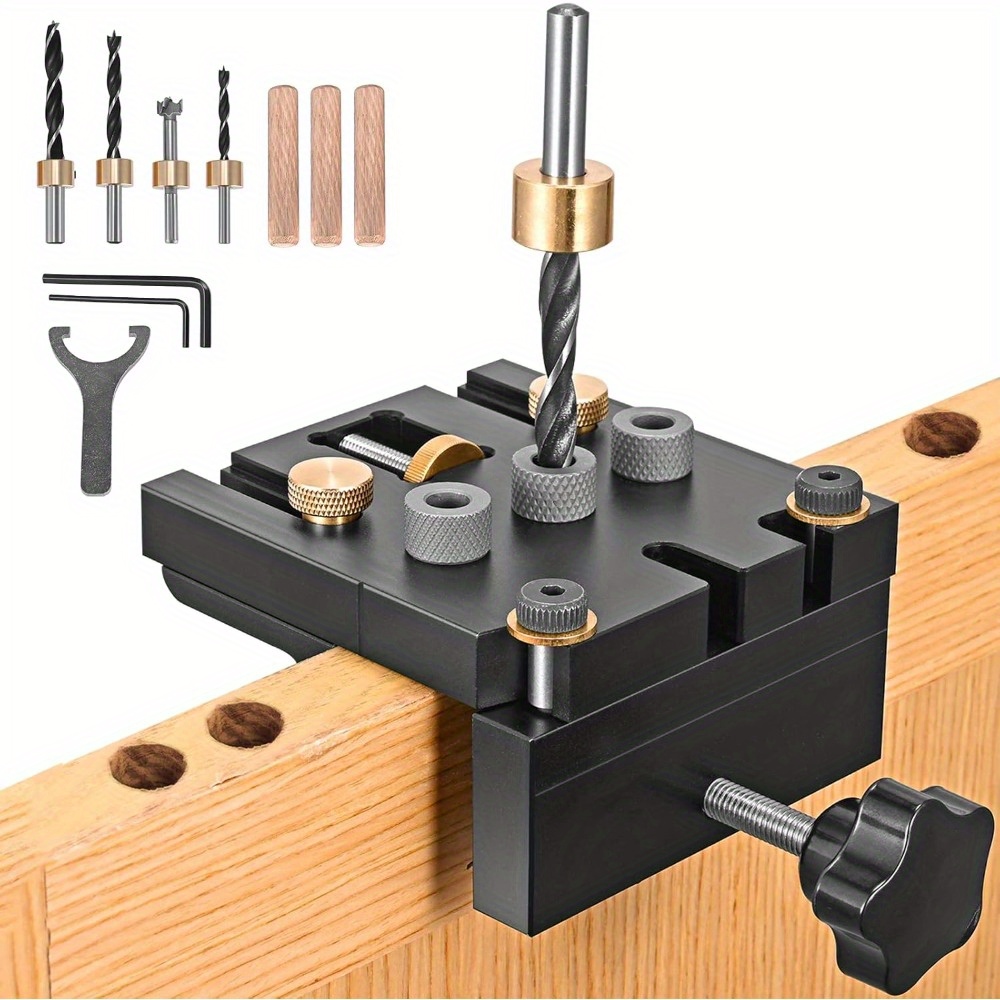 6/ 8/ 10/ 15mm Drilling Template 3-in-1 Dowel Jig Kit For Woodworking Dowel Holes With Positioning Clip Adjustable Drill Guide Punch Locator Carpenter Tools