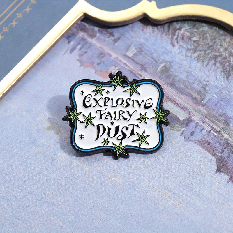 TEMU 1pc Fairy Dust Brooch Pin - Whimsical English Letter Design, Alloy Enamel Badge With Starry & Green Leaf Accents, Accessory For Clothing & Bags