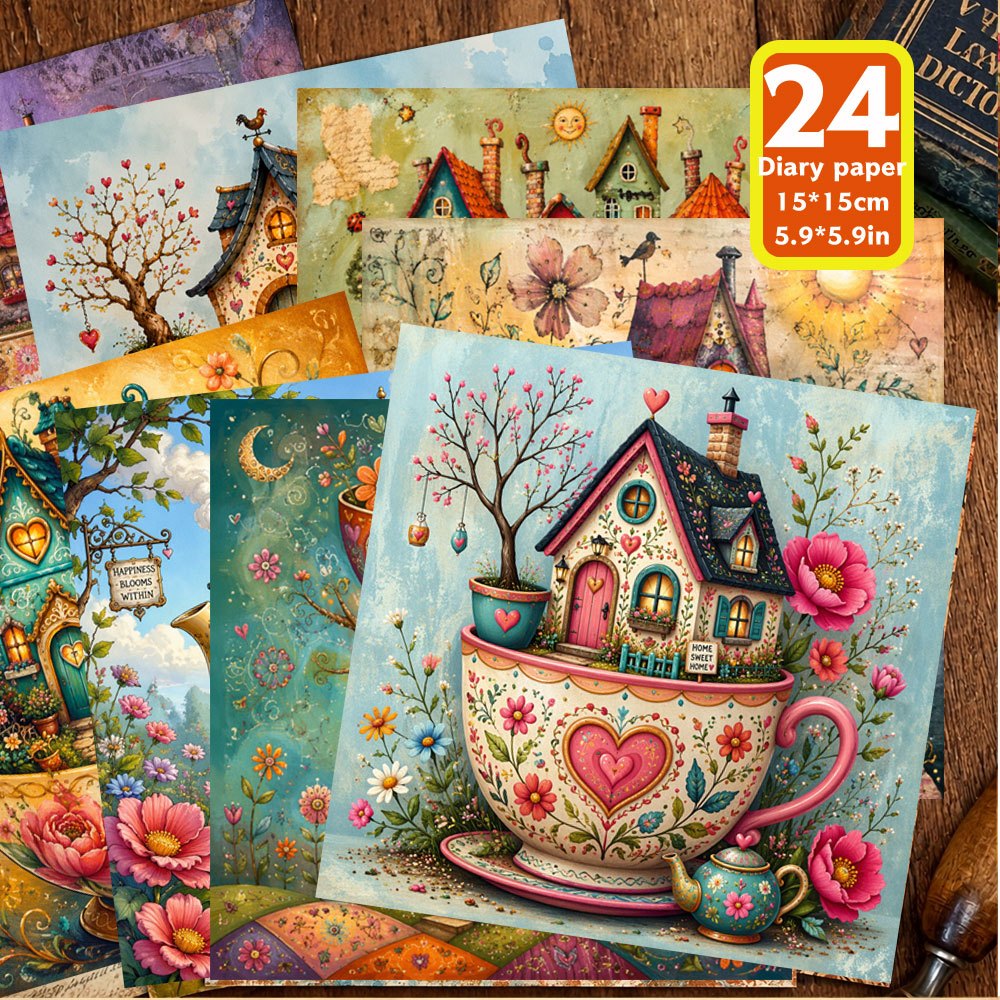 TEMU 24 Sheets 5.9×5.9 Inch Whimsical Teacup House Themed Paper With -house, Floral & Fairy-tale Illustrations, Ideal For Diy Crafts, Paper Collage,