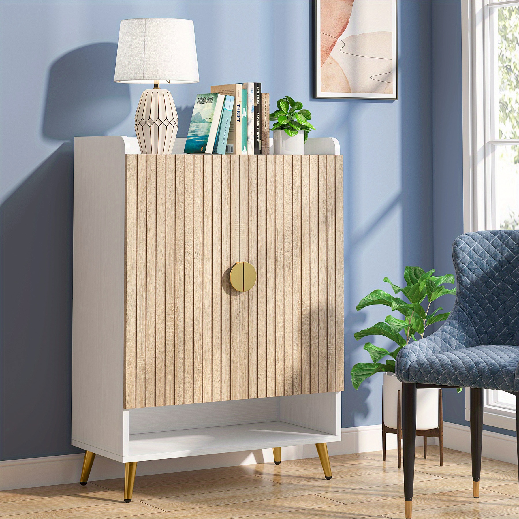 Image of Shoe Cabinet With Doors, 7-tier Shoe Storage Cabinet With Adjustable Shelves, Wooden Shoes Rack Shoe Storage Organizer For Entryway, Hallway, Closet, Living Room, Wood And Golden