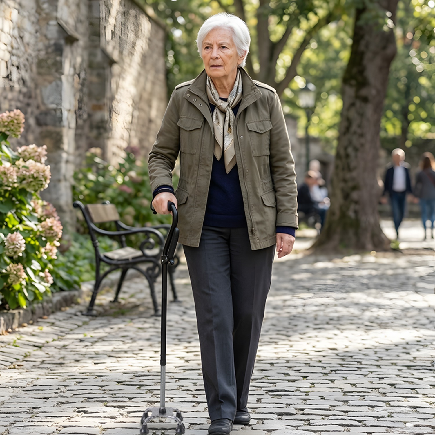 4-leg Walking Stick Height Adjustable Cane, Lightweight Offset Handle With Soft Foam Padded Grip, Large Base With Tips Provides Superior Stability, Freestanding Design Prevents Falls