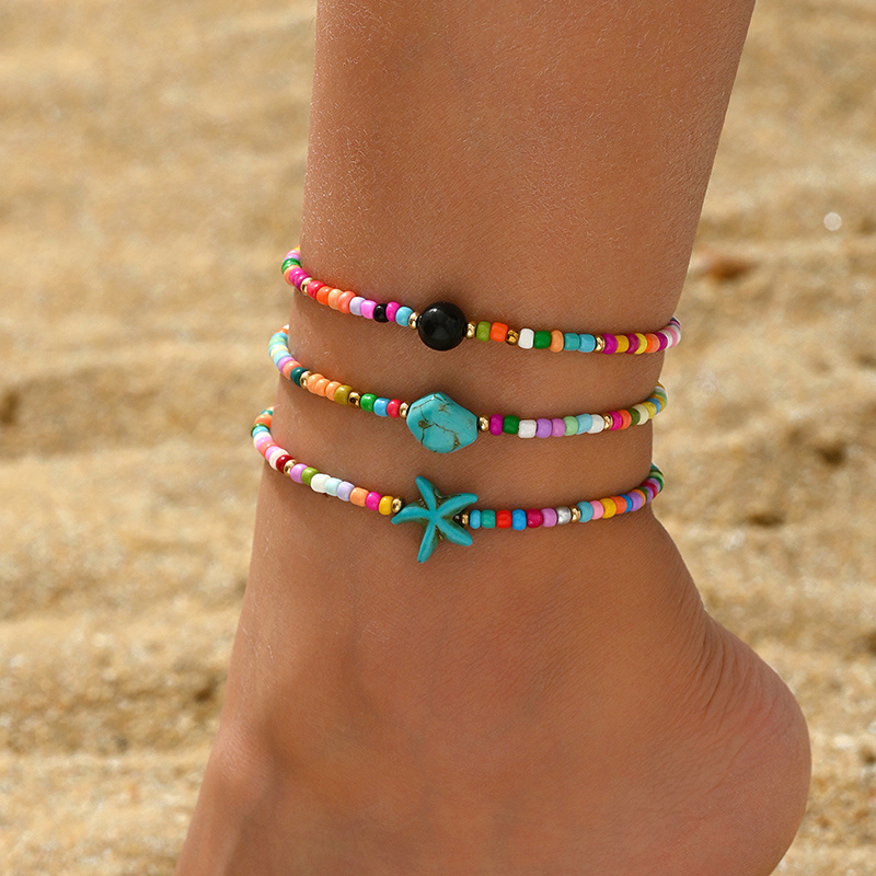 3pc Women's Beach Layered Glass Bead Ankle Bracelets Set