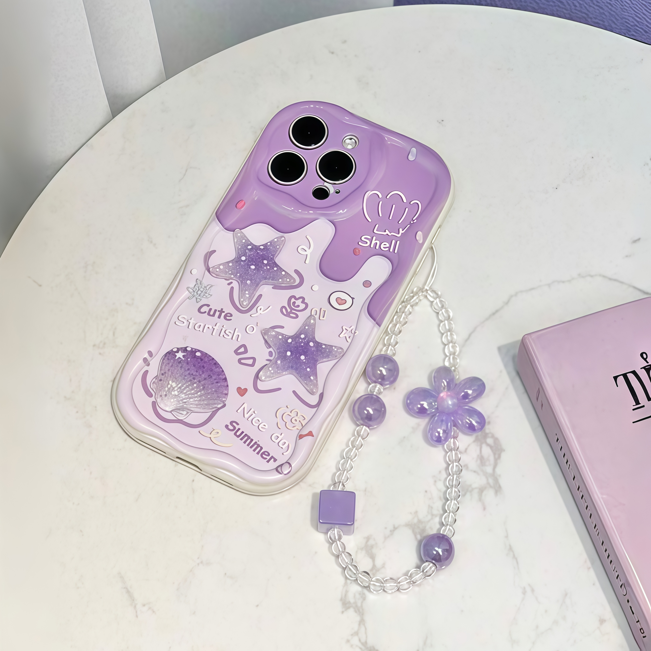 TEMU Phone Case - Xrz Directional Taro Purple Cream 3d Starfish Shell Phone Case And Purple Flower Lanyard Set For Iphone 18 Pro Max 18 Pro Iphone 17
