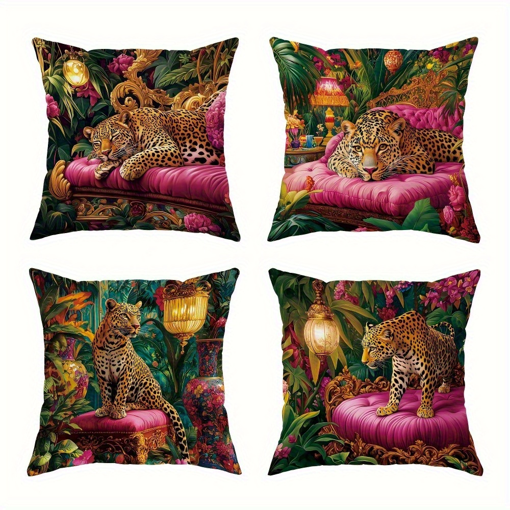 TEMU 4 pièces Housses de Coussin en Peluche Style Sauvage Léopard Scène de Jungle, 17,7" x 17,7", Impression , Design Tropical Éclatant, Lavable en