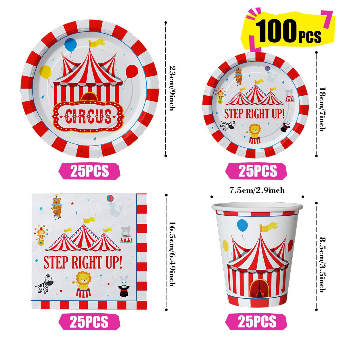 100pcs Circus Disposable Paper Tableware Set, Fun Circus Theme Party Supplies Kit Including Paper Plates, Napkins & Paper Cups, Suitable For Birthdays, Weddings, Family Picnics, Large Group Gatherings