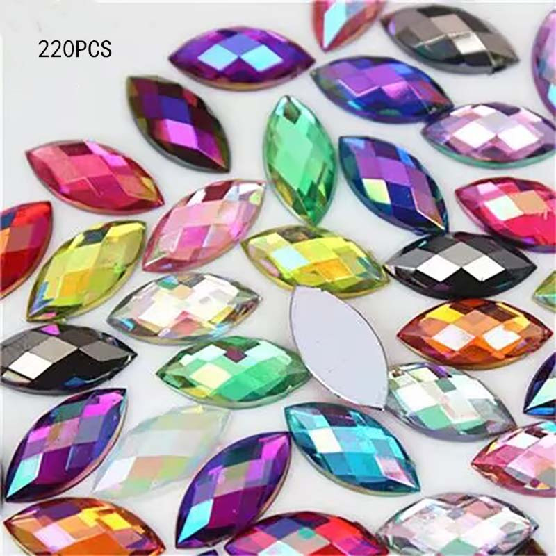 Image of 220pcs 0.27 X 0.59 Inch Sparkling Random Ab Acrylic Rhinestones, Flat Back Eyelets, Jewelry Making Parts And Nail Art, Wedding Clothing Crafts Sewing Additions