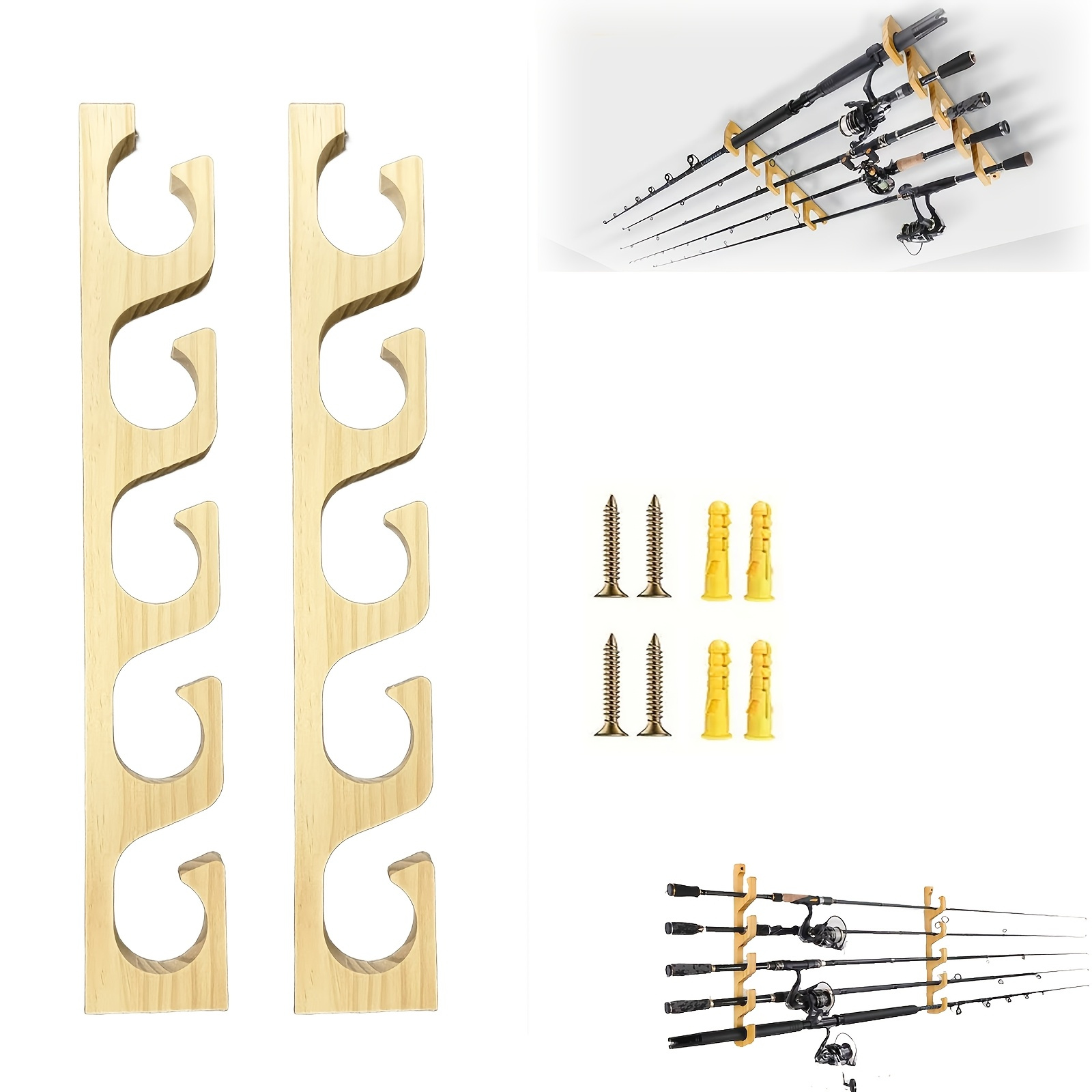 

Set Of 2 Wooden Fishing Rod Holders - Wall/ceiling Mounted, Can Store 5 Rods Either Or Horizontally.