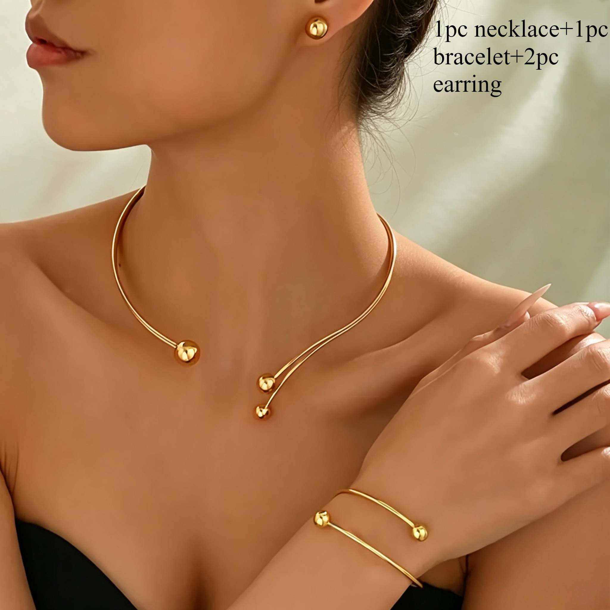 TEMU 1pc Necklace + 1pc Bracelet + 2pcs Earrings, Simple And Elegant Geometric Sphere Design Women's Earring, Bracelet, And Choker Set, Suitable For