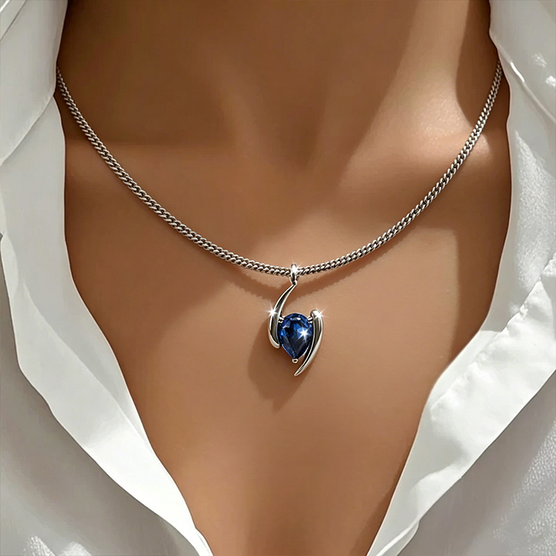 TEMU A Women's Fashionable Teardrop-shaped Blue Synthetic Synthetic Zirconia Necklace, Exquisite Jewelry Piece. Suitable For , Perfect For Festivals,