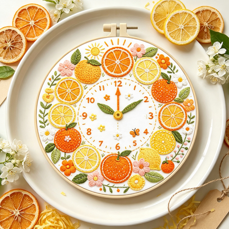 Citrus Clock Embroidery Kit, Beginner Full Tool Set