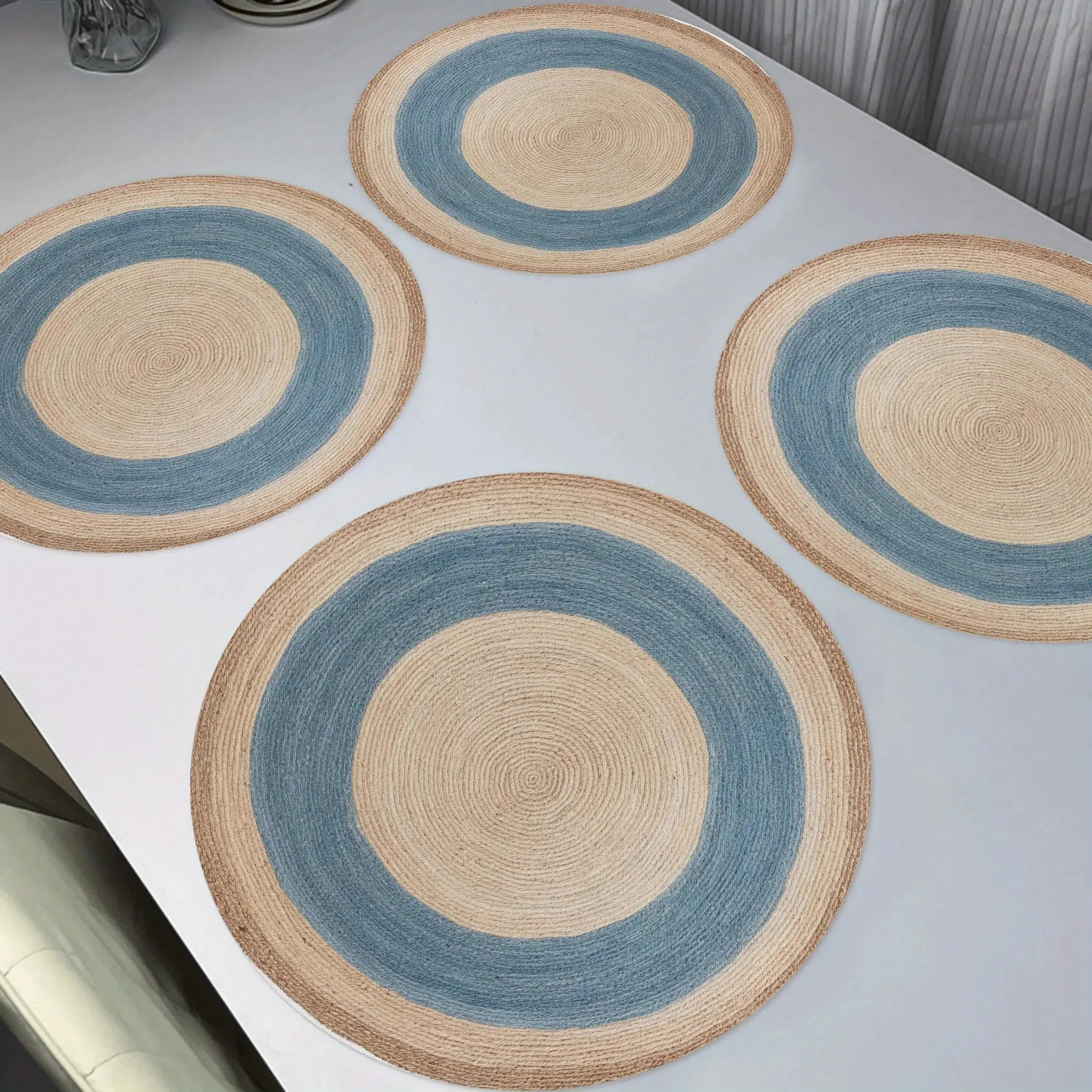 TEMU Juego de 4 manteles individuales redondos antideslizantes con estampado 2D azul y marrón, ideales para de la , , fiestas y decoración de cocina.