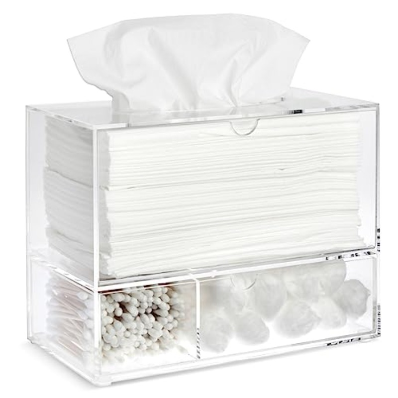 1  tissue box holder with 3-drawer organizer - heavy-duty modern rectangular dispenser with pull-out drawers, space-saving bathroom/vanity cabinet storage, fits standard tissues & caddy systems, 9.3” wide, 3-compartment drawer, dust-resistant & hygienic design, minimalist white frame & clear panels, multi-functional organizer for tissues, swabs, balls (1 unit), decorative tissue box holder, tissue holder bathroom, tissue box with storage, tissue box holder for car, Product details 4