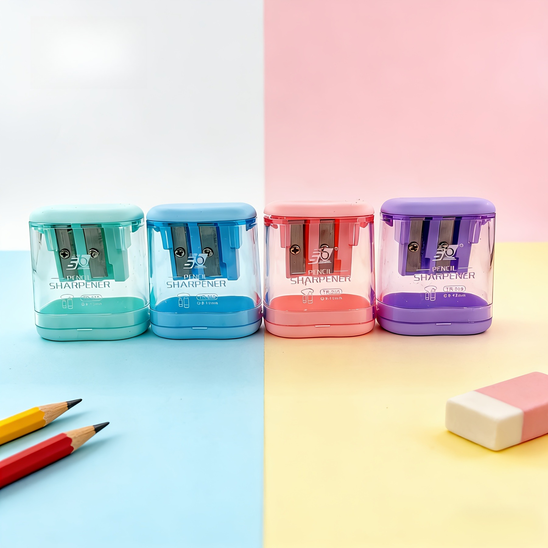 4pcs Candy-colored Easy Double-hole Pencil Sharpeners, With Rich And Colors, Made Of Plastic, Compact And Portable, , Durable And Sharp, Ideal For Students And Professionals