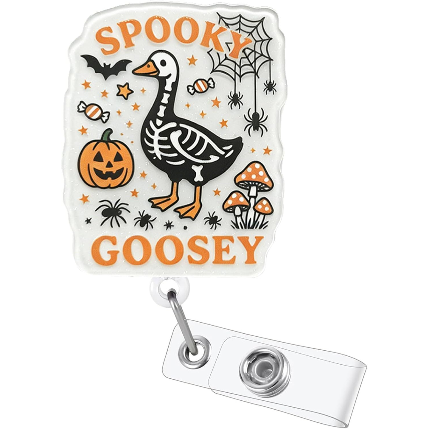 TEMU [2d] Halloween Badge Reel, Funny Skeleton Goose Badge Clip With Pumpkin And Web, Name Tag Retractable Id Badge Holder For Nurse Teacher Office