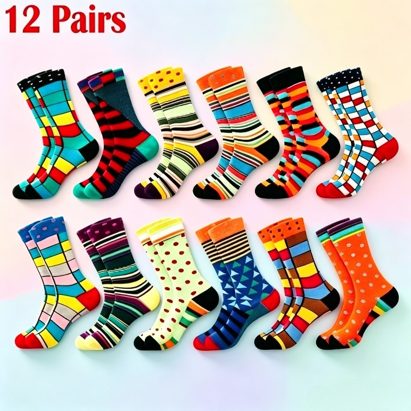 TEMU 12-pair Men's And Women's Vintage Colorful Geometric Print Mid-calf Socks, Featuring Plaid, Stripes, Polka Dots, And Multiple Contrasting Color
