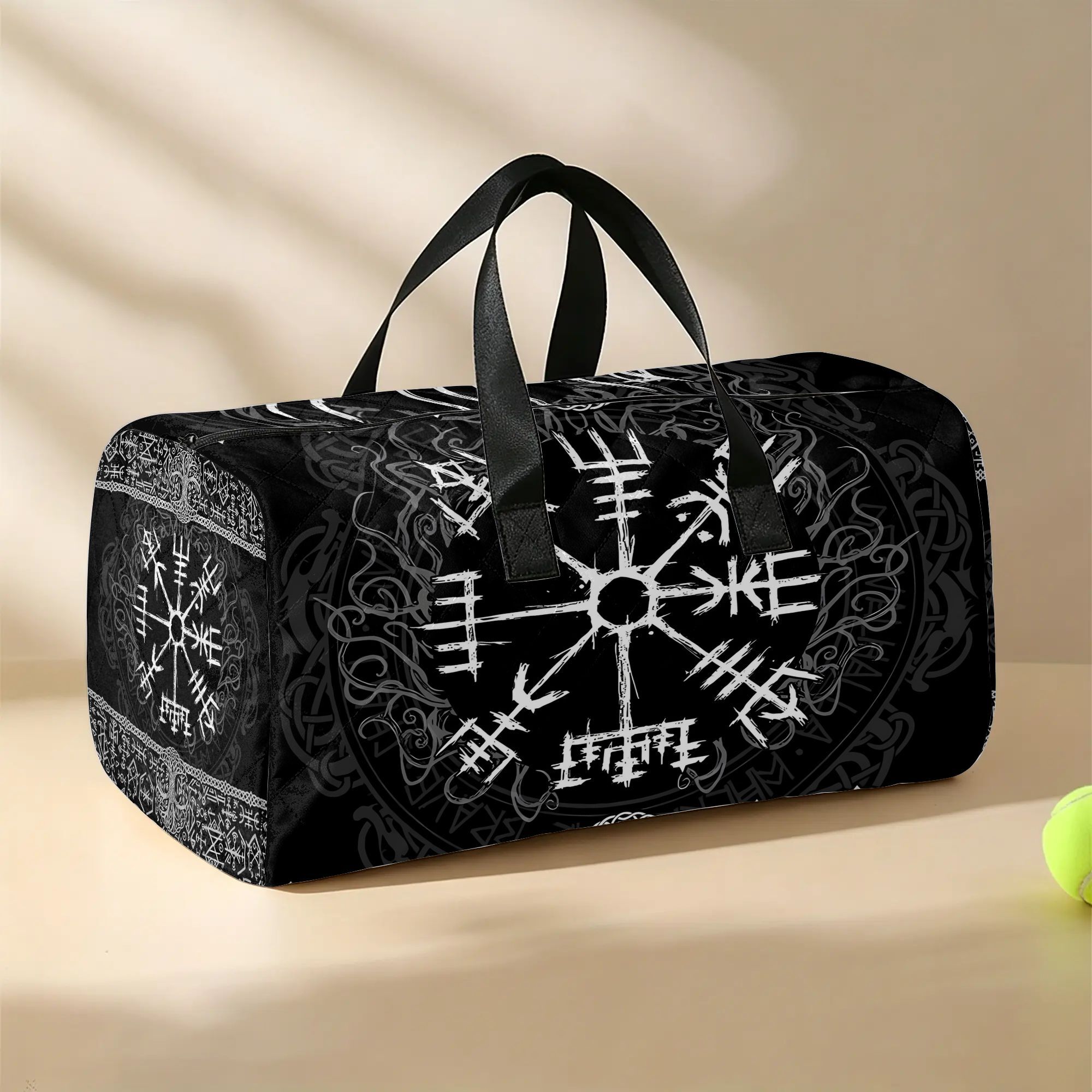 TEMU 2d Flat Printing Viking Compass Printed Stylish Multi-scene Travel Duffle Bag, Foldable Storage Handbag For Outdoor Camping & Holiday, 2d Flat