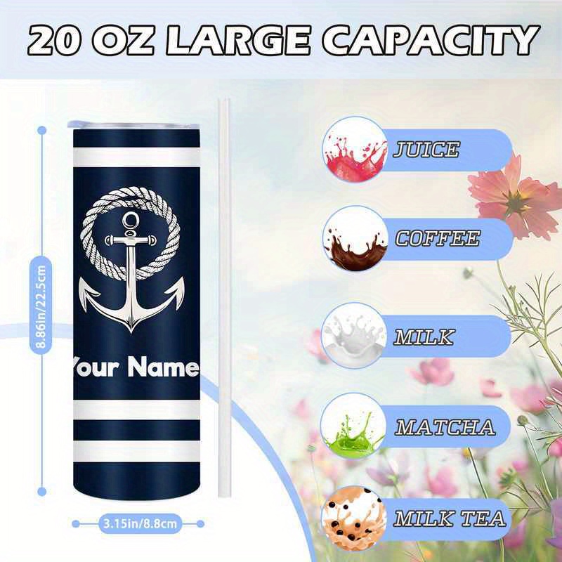 TEMU Personalized Nautical Anchor 20oz 1pc Insulated Stainless Steel Cup, Leakproof Mug, Bpa-free Sports Water Bottle For Office, Camping, Birthday/