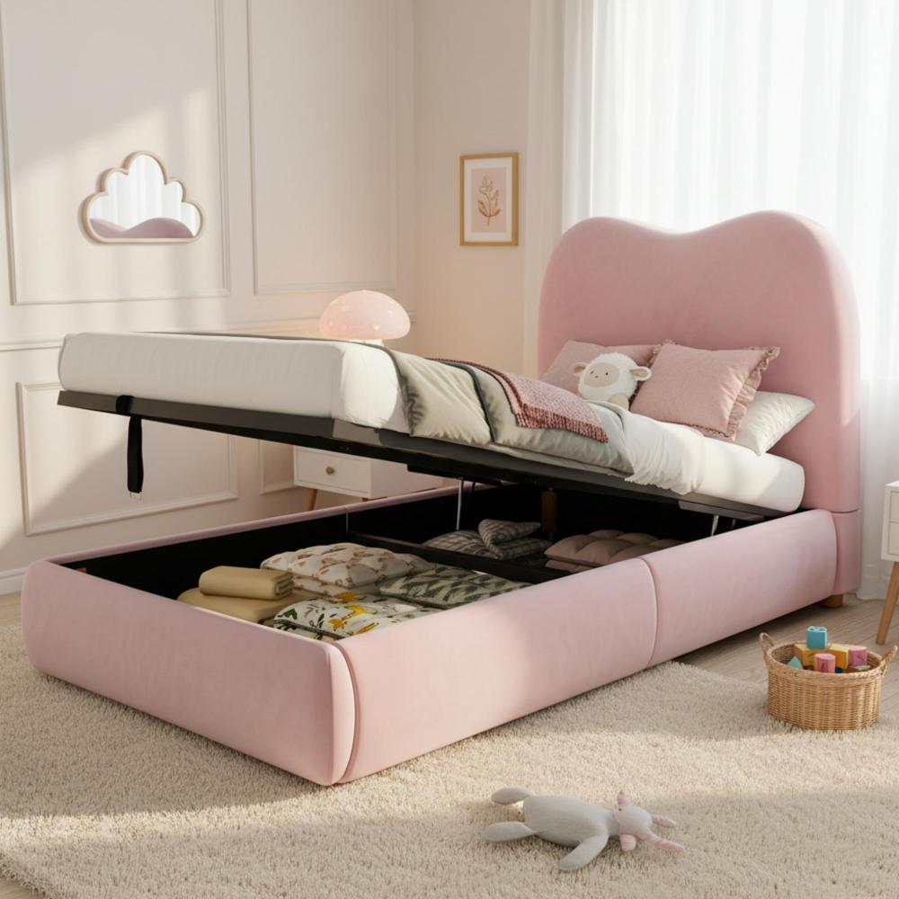 TEMU A Hydraulic Single Bed Measuring 90 X 200 Cm, Featuring A Hydraulic Lift System, A Slatted Base, A Headboard, And Storage Space, With An