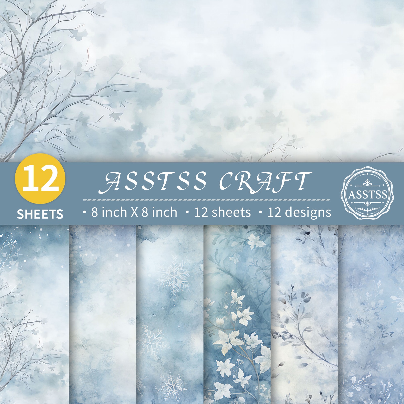 TEMU 12-sheet Asstss 8x8 Inch Scrapbooking Paper Pad, Winter Light Blue Watercolor Snowflake Elegant Style Backing Paper Supplies, Heavyweight