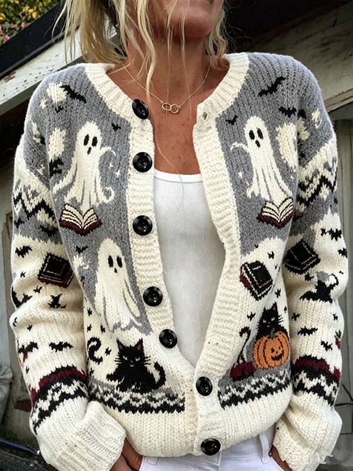 item picture 2026 New Sweater Cardigan Women'S Autumn/Winter Gray-White Color-Block Ghost Magic Book Black Cat Pumpkin Bat Jacquard Crew Neck Single-Breasted Cardigan, Vintage Halloween Casual Long-Sleeve Everyday Elegant, Fashionable, Versatile for Daily Use
