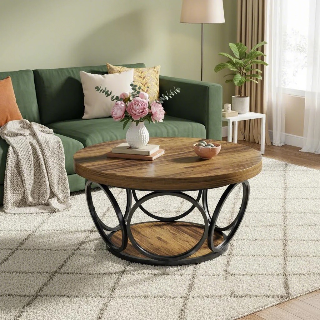 Image of 80 Cm Round Wooden Coffee Table | Farmhouse Style Large Round Living Room Table With 2 Levels Storage, Modern Tea Table, Rustic Brown, Byblight