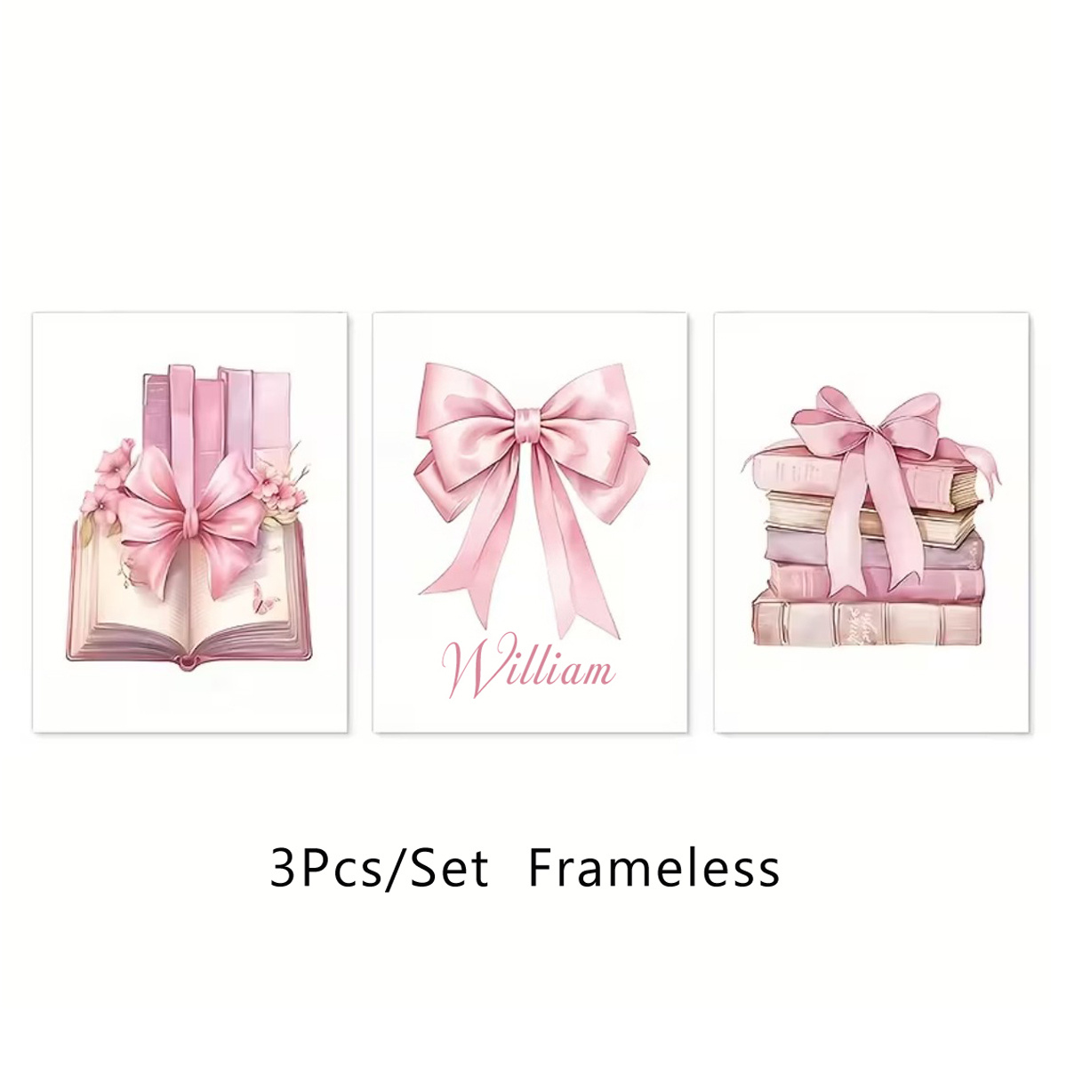 TEMU 2d Flat, 2d Flat, [2d Flat] Unframed 3pcs/set Custom Name, Pink Canvas Poster, Pink Bow Print, Book Flower Print Poster, Book, Bow, Flower,