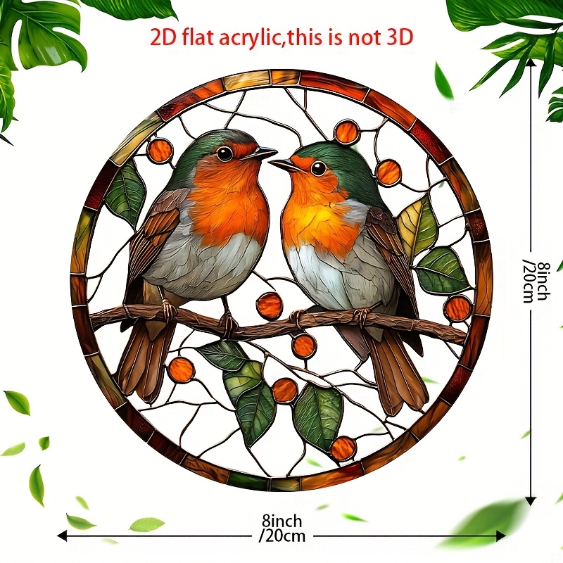 TEMU 2d Flat, Suitable For All , 2d Flat, Light-catching Ornament, 2d Flat, 1pc Acrylic Robin Suncatcher - Vibrant Stained Glass Window Hanging, 8x8