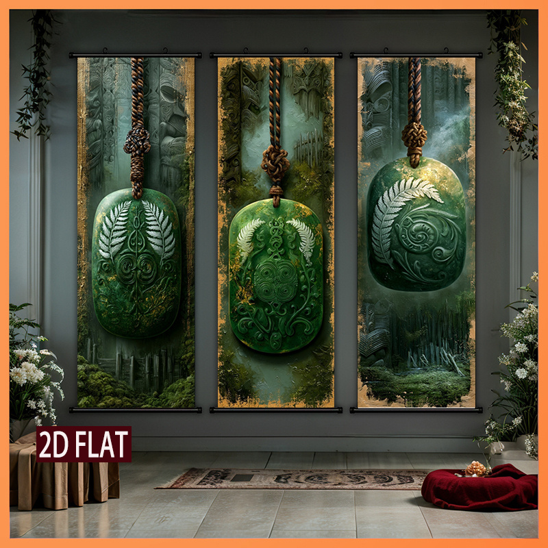 TEMU 2d Flat, 2d Flat, 2d/flat 3pcs Set, 3 Green Jade Pendants, With Maori Style Carvings And Silvery Fern Patterns, Plastic Scroll Wall, Printed