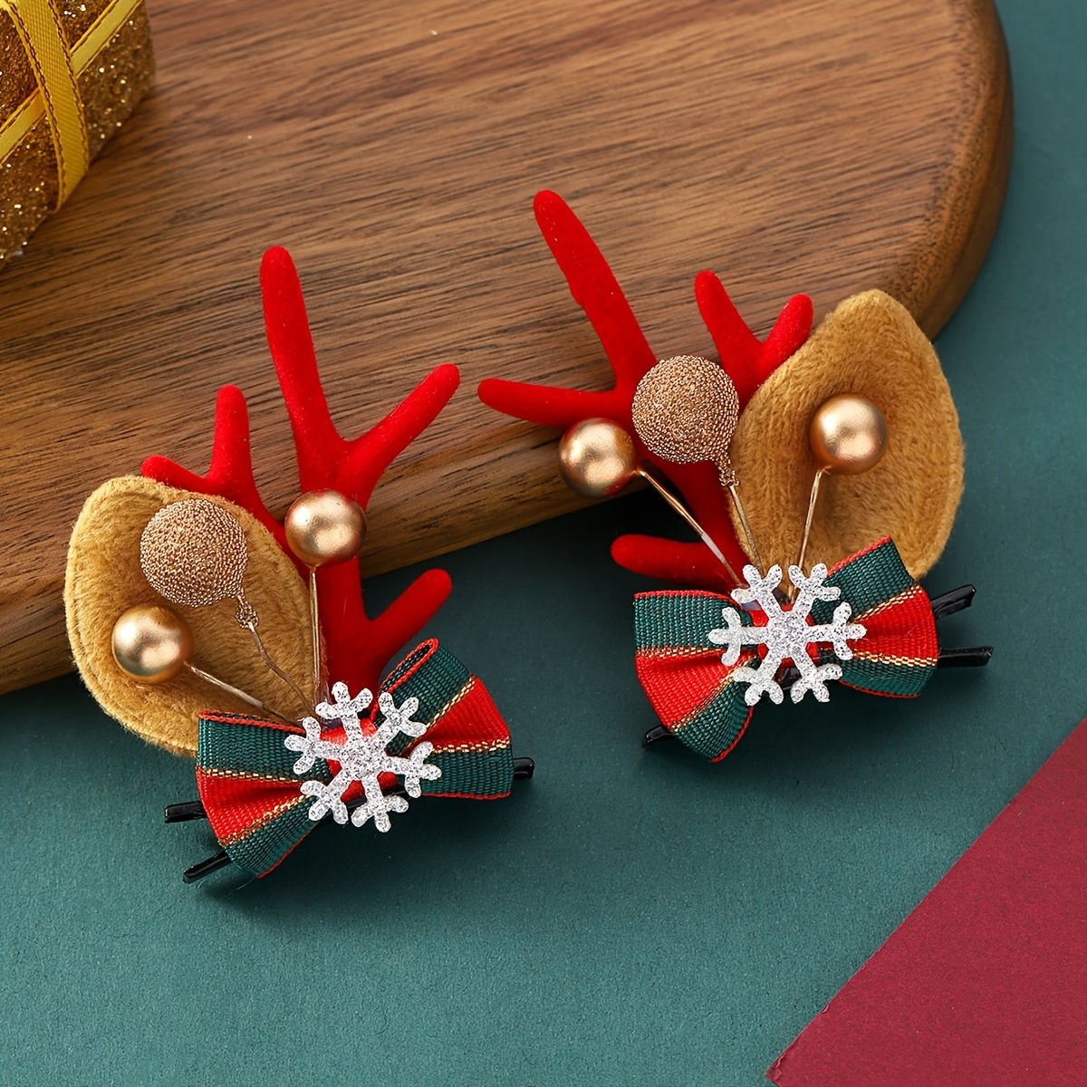 

2pcs/set Elegant Christmas Hair Clips With Cute Flocked Antlers & Bow -