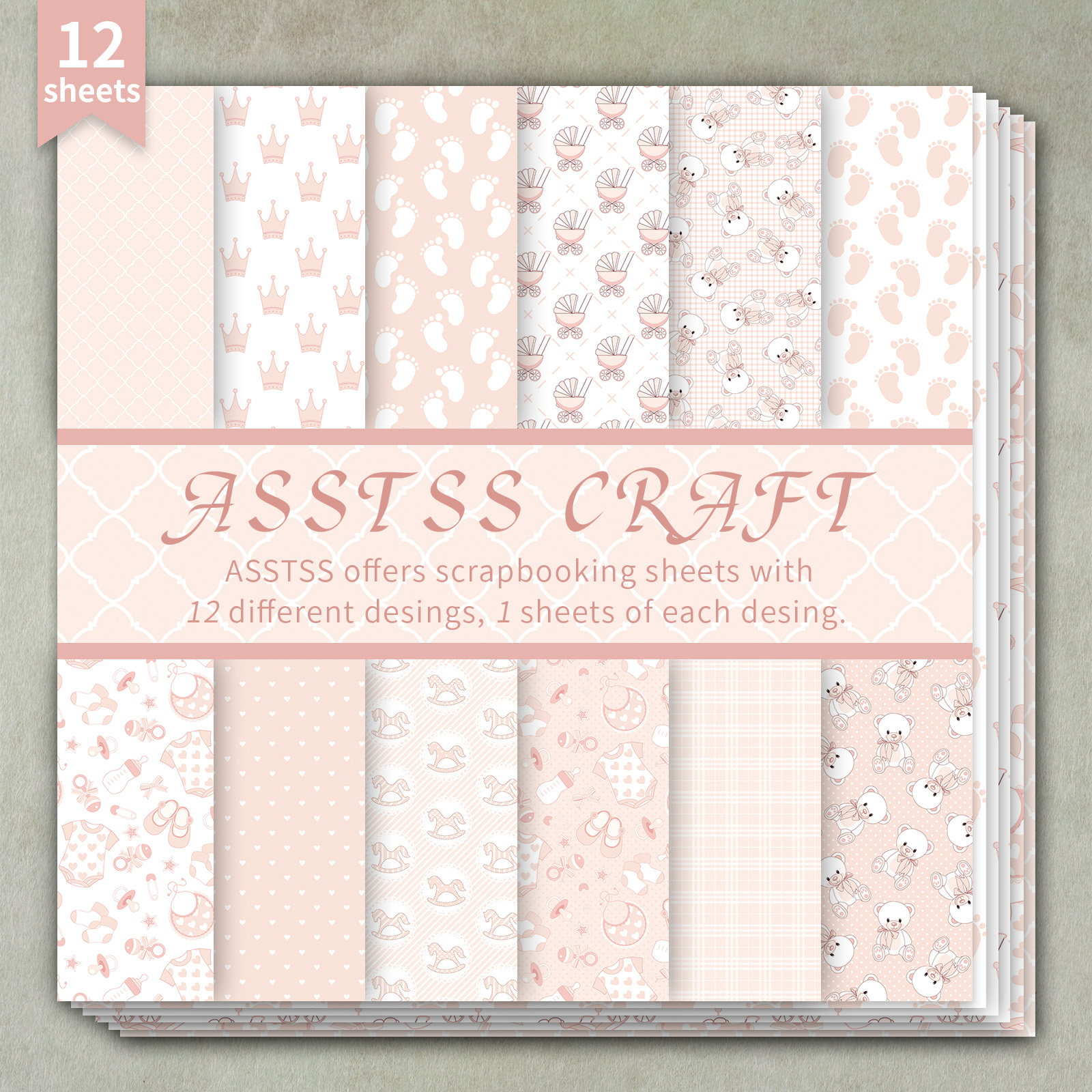 TEMU 12-Vel ASSTSS 6*6-inch Scrapbooking Papierblok, Zacht Blozend Babyshower Onderlegger Papier Benodigdheden, Zwaargewicht Karton voor Journaling,