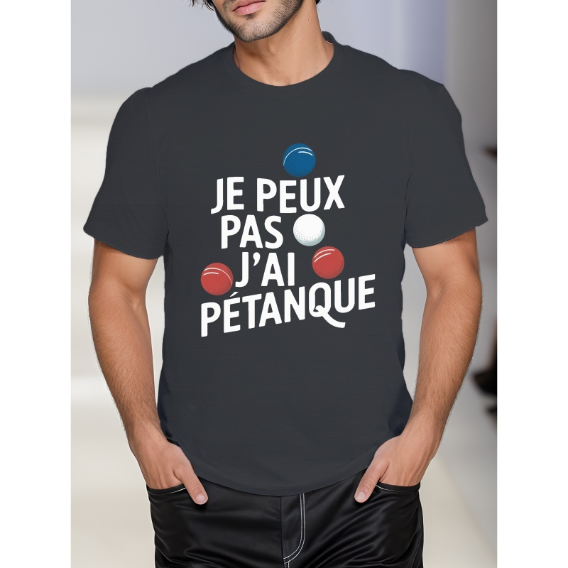 

T- décontracté à courtes , imprimé "Je J'ai Petanque", , , , géométrique, col rond, tissu extensible en .