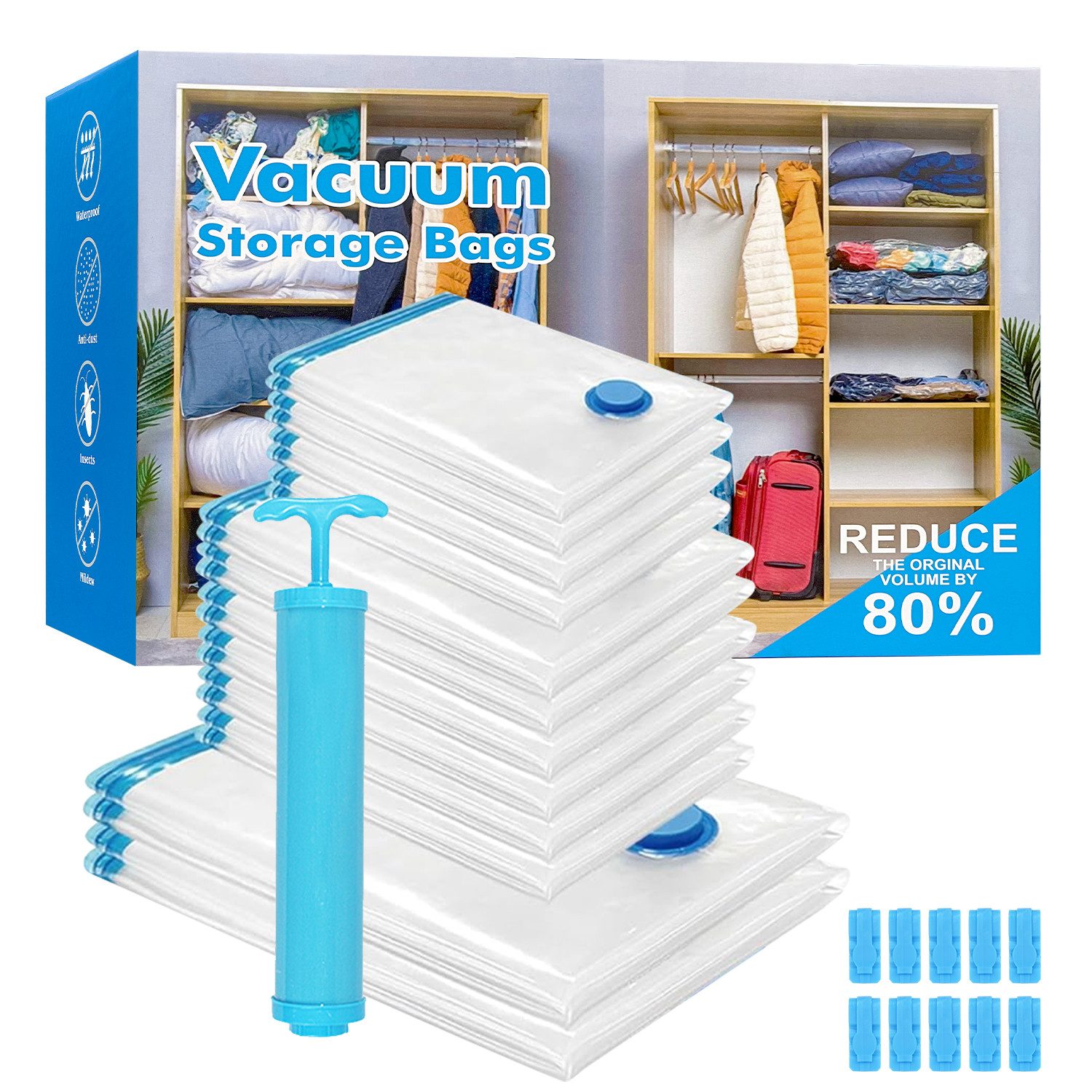 Image of 12-pack Vacuum Storage Bags (3 Sizes) With Airtight Valve And Hand Pump, Airtight Compression Bags For Clothes, Pillows, Bedding, Duvets For Home Organization, Travel, Moving, And Storage