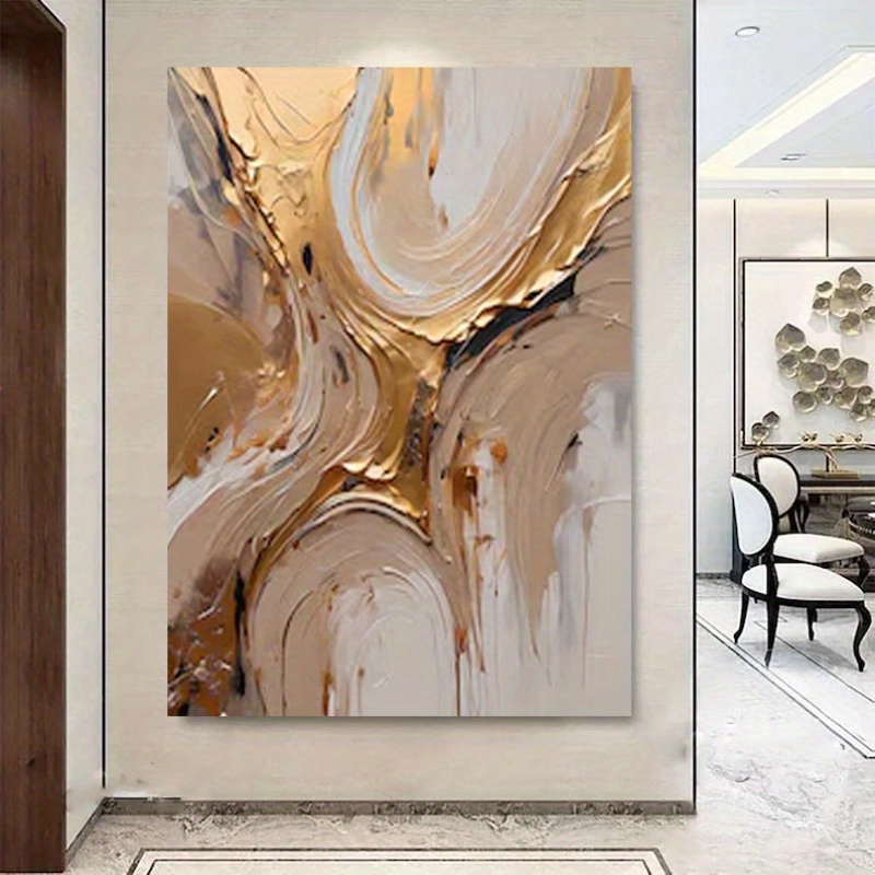 Hand-Painted Modern Abstract Oil Painting - Gray & Golden Texture Brushwork Nordic Wall Art with Wooden Frame, Textured Mural for Living Room, - Neutral Scandinavian Paintings for Home Decoration