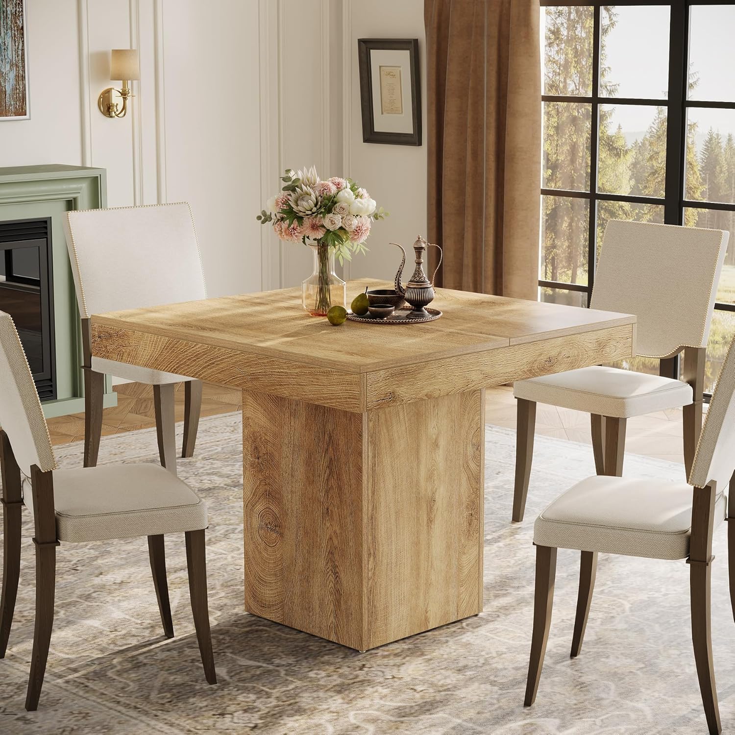 Image of 39-inch Square Dining Table For 4, Farmhouse Kitchen Dinner Eating Table With Sturdy Pedestal Base, Wooden Dining Room Furniture For Dining Room, Kitchen, Apartments, Natural