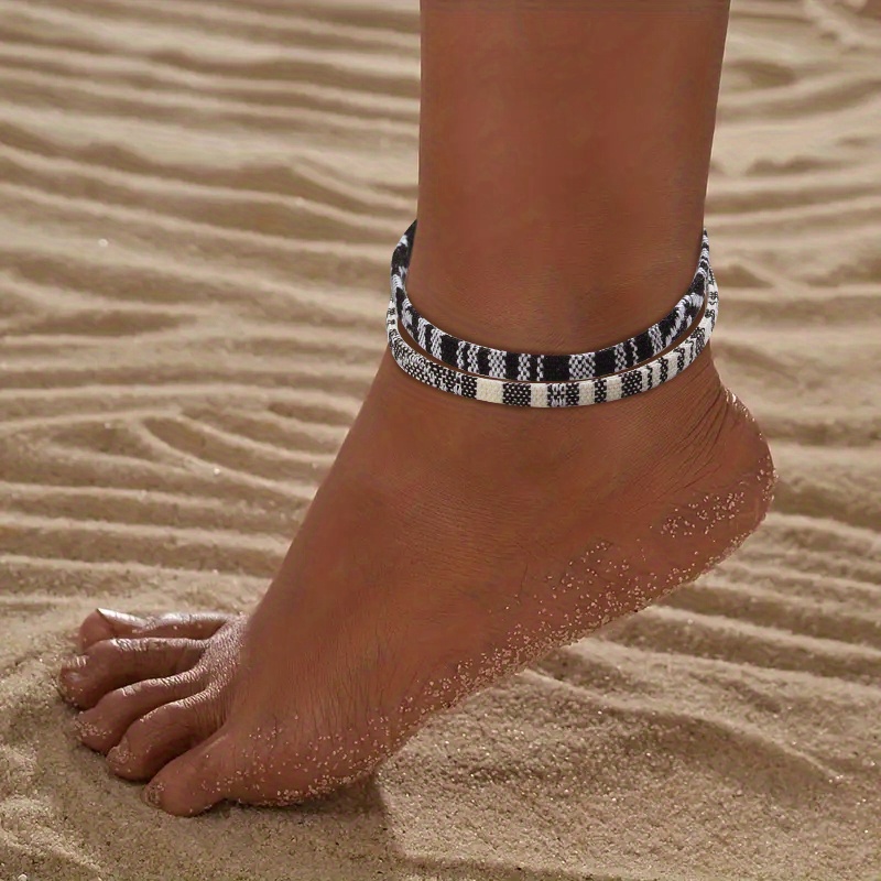 2pcs And White Braided Anklets, Adjustable Size, Stylish Unisex Accessory For Beach Vacations, Weddings, And Parties, Beach Accessories