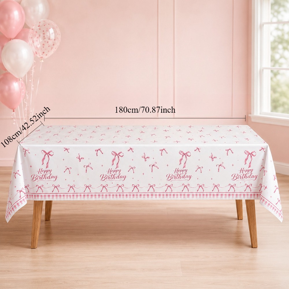TEMU 1pc Pink Bow Birthday Theme Disposable Plastic Tablecloth, Full Print Ribbon Bow Happy Birthday Pattern, Easy Sweet Decor Item For Birthday