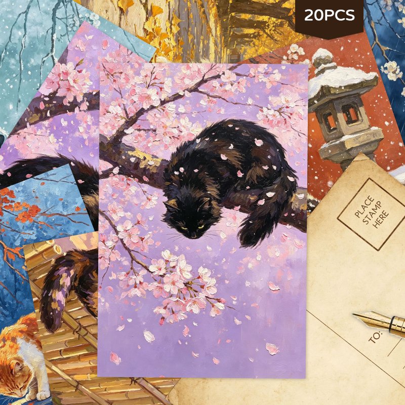 TEMU 20pcs Mixed Animal Art Blank Postcards Set, Vintage Oil Painting Cat With Seasonal Nature Scenery Postcards For Thank You Notes Mailing Wall