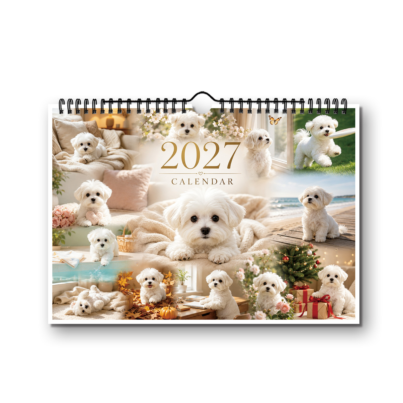 TEMU 1pc 2027 Cute Maltese Puppy Wall Calendar, 12-month Horizontal Spiral Hanging Calendar, White Maltese Dog Daily Life Photo Monthly Planner, Dog