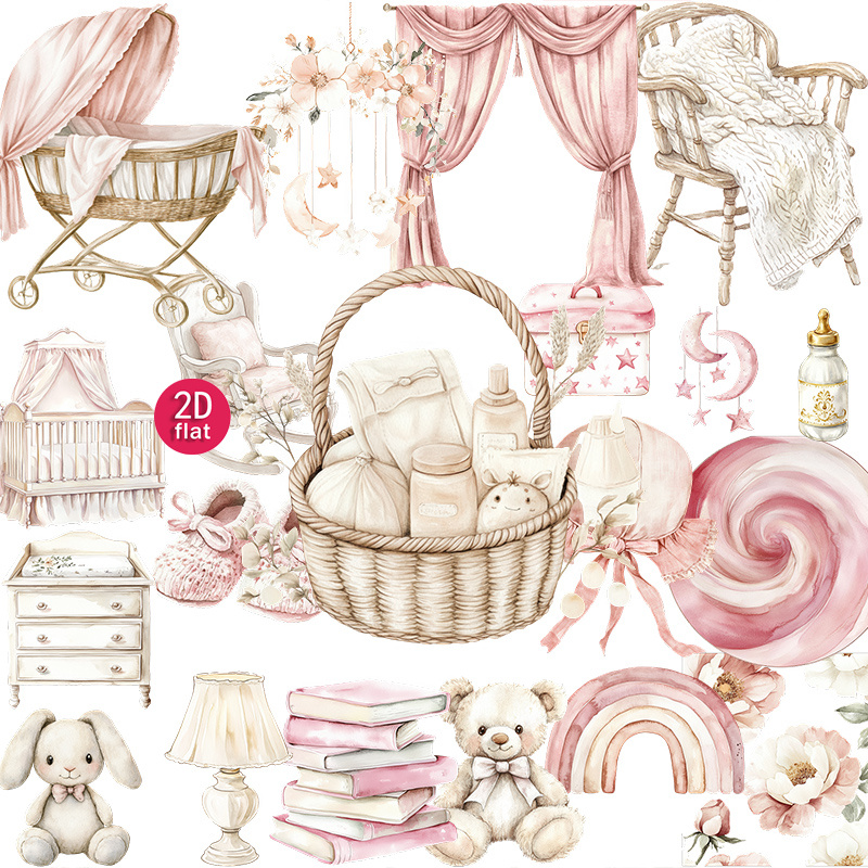 TEMU 20pcs 2d Flat Watercolor Baby Nursery Furniture Stickers, Pink Aesthetic Scrapbooking Supplies Decorative Decals, For Journal, , Notebook, ,