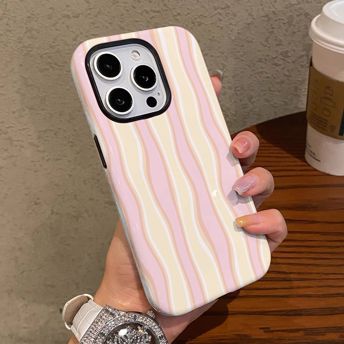 TEMU Phone Case: Light-colored Wavy Stripe Phone Case For Iphone 17, 17 Pro, 16 Pro Max, 15p, 13, 11, 12, Xs, 8 Plus, 7 - Glossy 2-in-1 Case