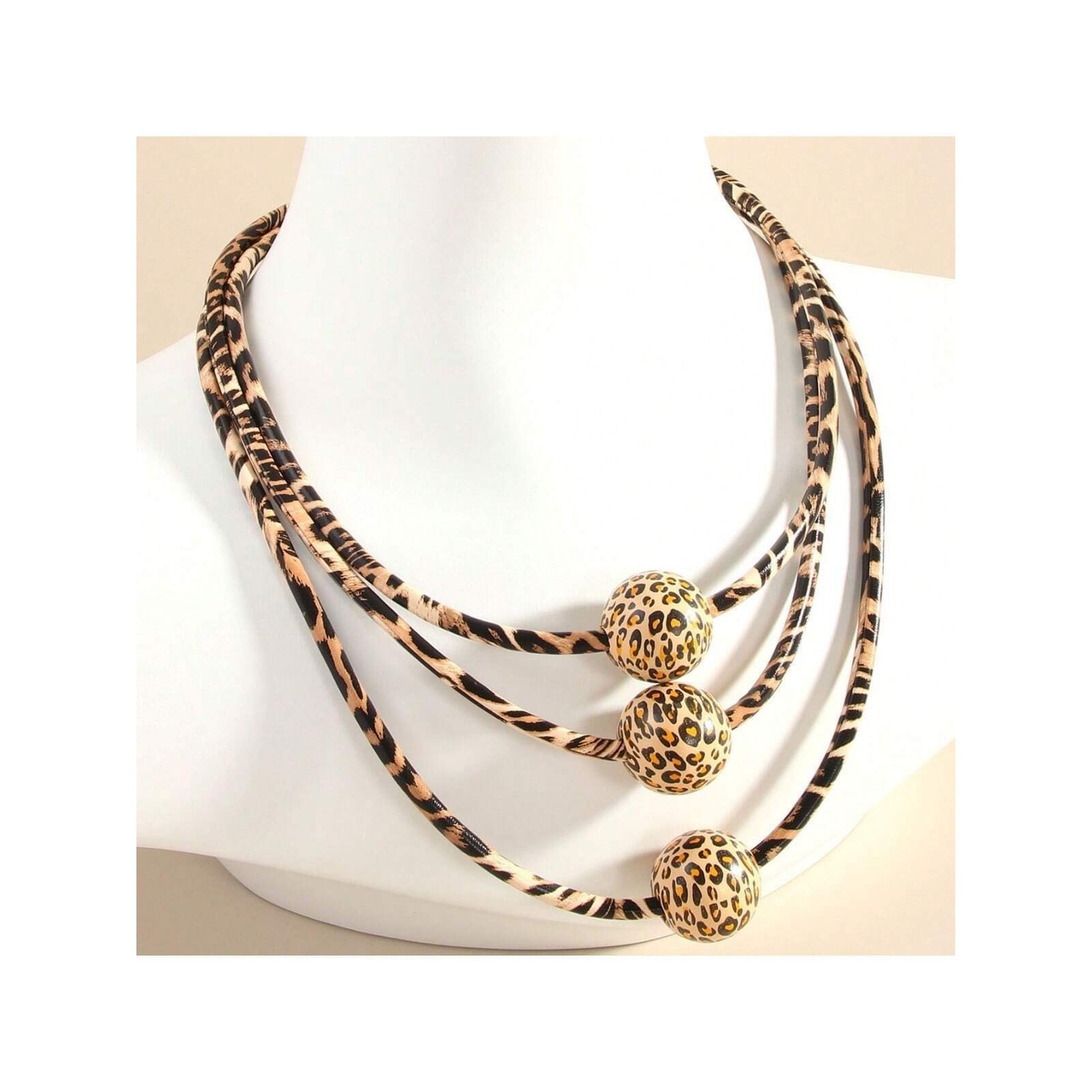 TEMU European And Leopard Print Cord Necklace With Print Bead Accents, Stackable Design For Women, Spicy Vintage Outfit Accessory, Fashionable And