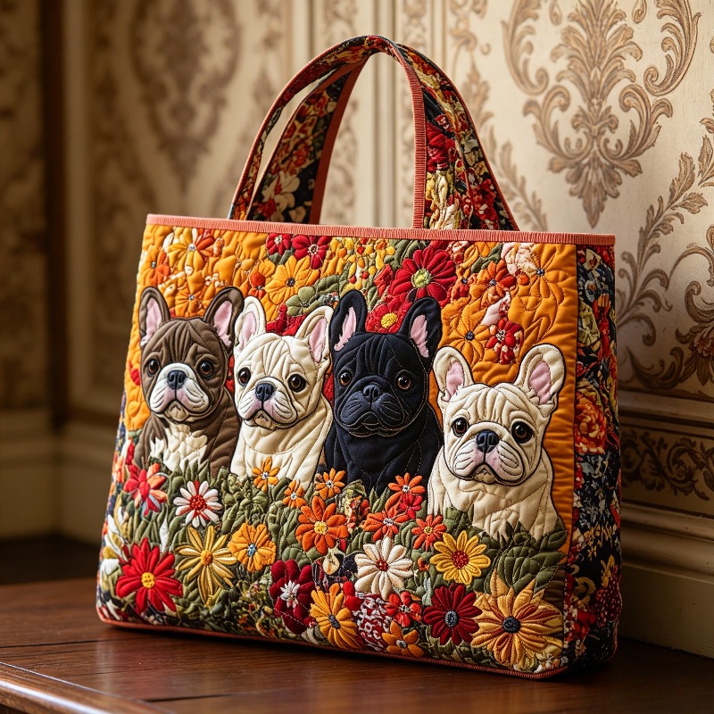TEMU 1pc French Bulldog And Colorful Floral Print Tote Bag, Wide Soft Shoulder Strap, Handheld Style, Foldable Large Capacity Bag, Lightweight,