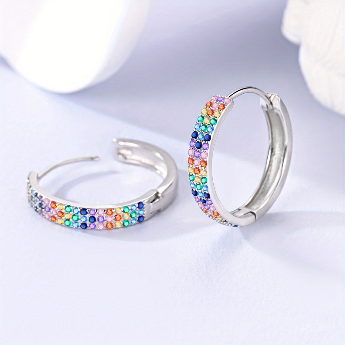Colorful Triple Row Stud Earrings, Silver Plated, Gift for Women
