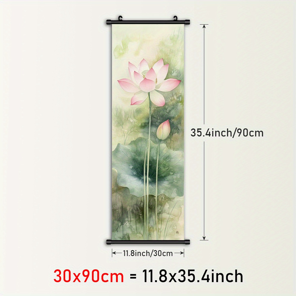 TEMU 1pc Framed Green Leaves & For Lotus Flower Canvas Wall Art - Watercolor Nature Print, Plastic Frame Vertical Hanging Scroll Poster For Living