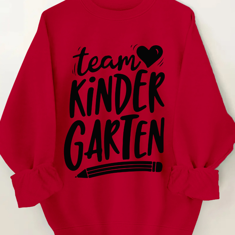 

1pc Women's Casual Crew Neck Sweatshirt With "team Kindergarten" Letter Print, Polyester Knit Fabric, Fashion Pullover