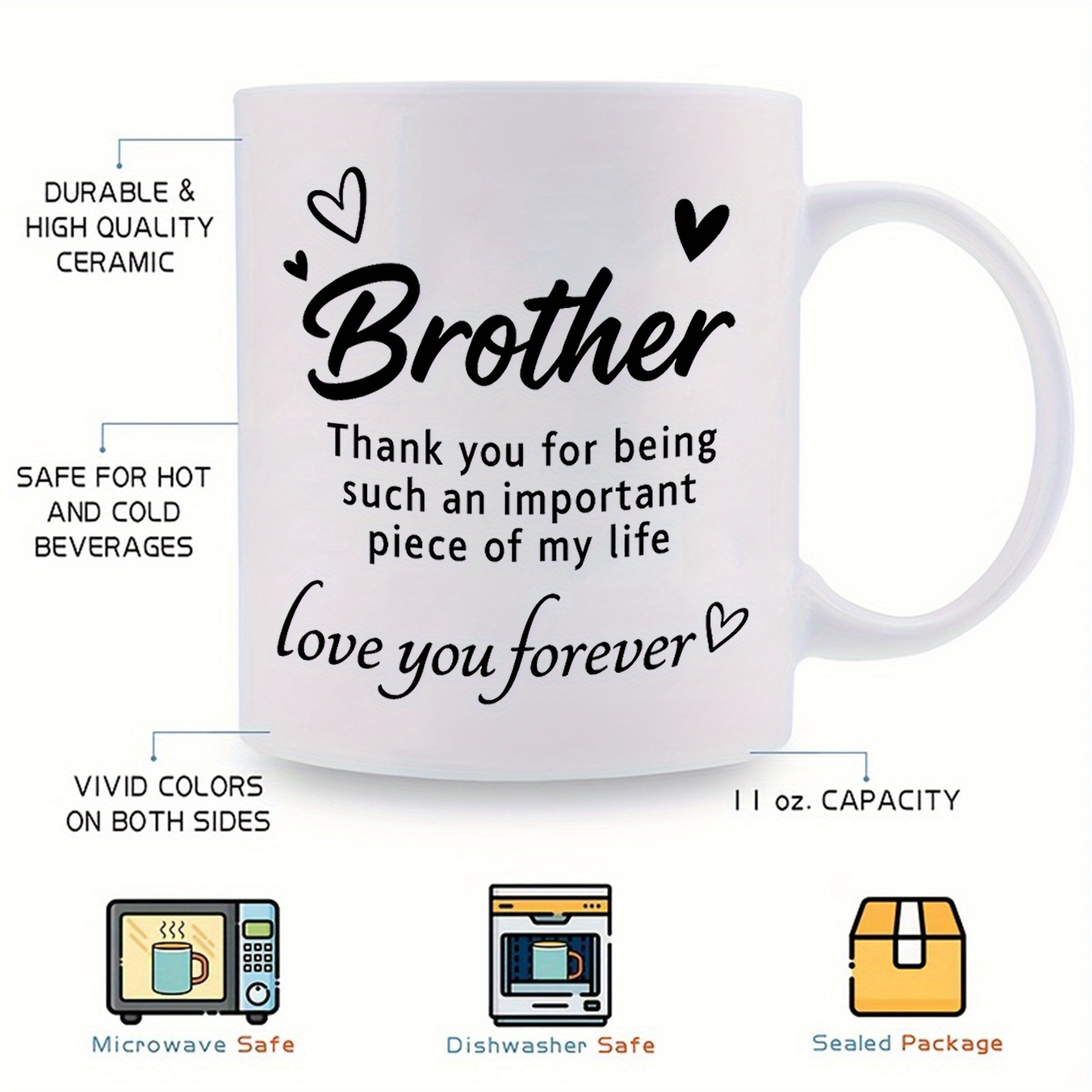 brother themed 1pc 11oz ceramic coffee mug tea cup grateful design features brother thank you for being important   message with hearts ideal gift for brothers on birthday christmas to show appreciation and love 7