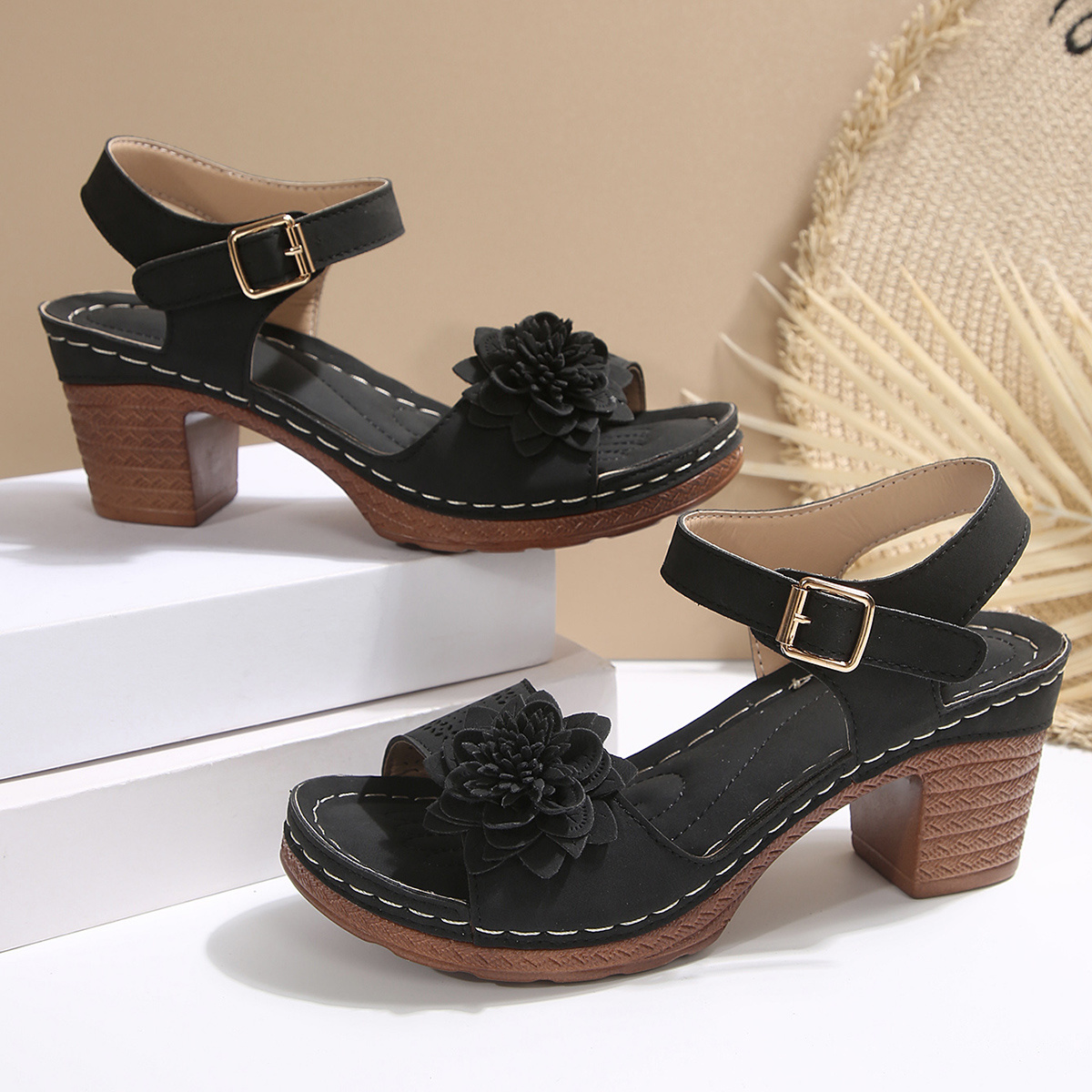 Women's Thick Heel Sandals, Open Toe with Buckle and Thick Sole, Solid Color Artificial Covered Upper, Women's Floral Sandals